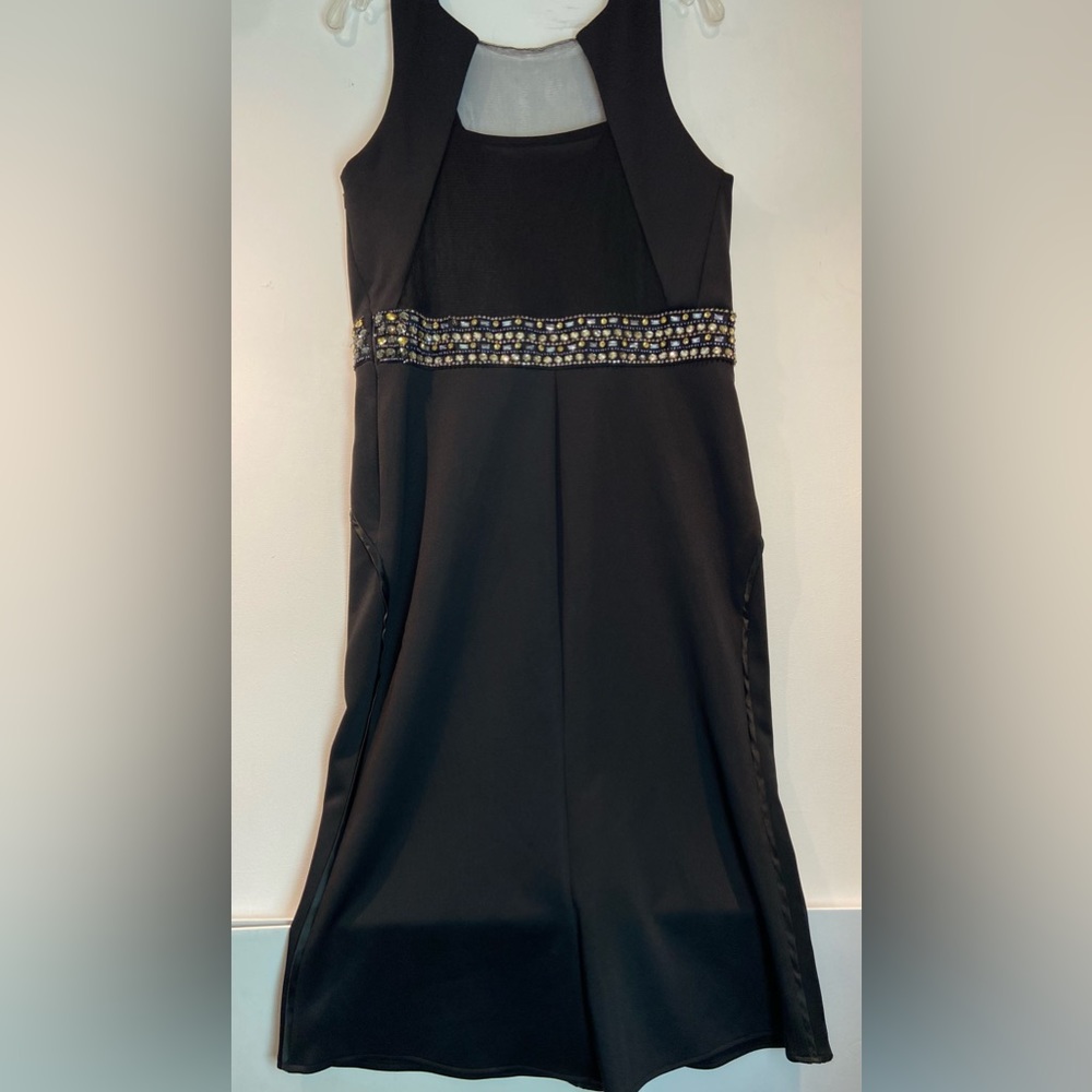 Bebe (?) Black Satin Rhinestone Chiffon Umpire Gown Dress Sz L (sku104)